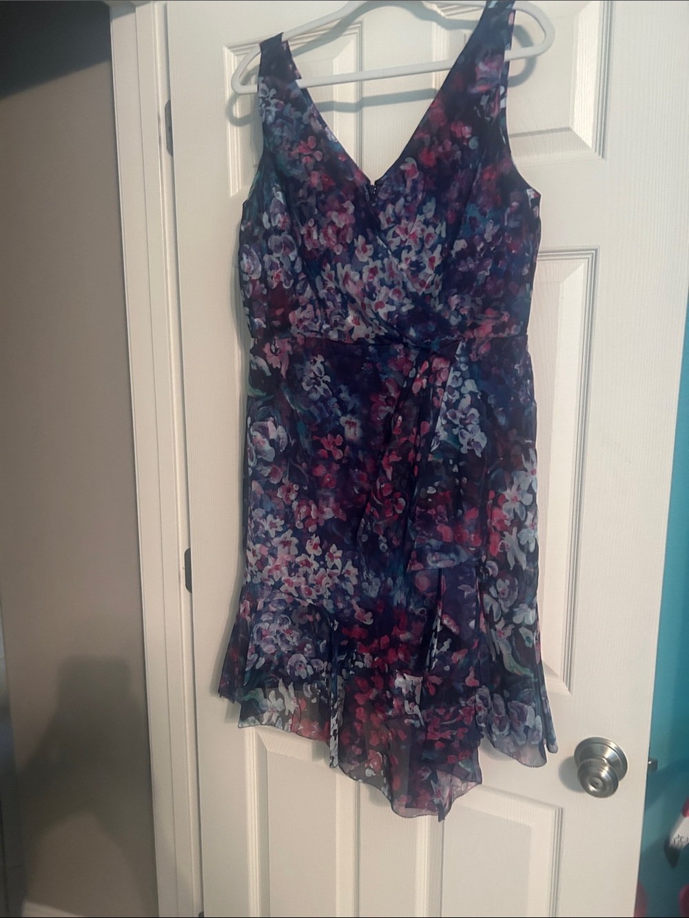 Marchesa Notte 100% silk Floral V-Neck Mini Dress in Purple and Blue